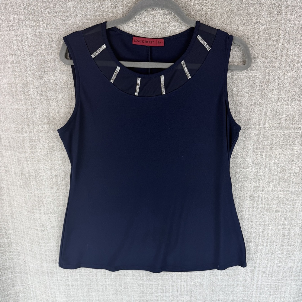 Love Scarlett Tank Womens M Blue Jersey Round Neck Rhinestone Stretch Summer